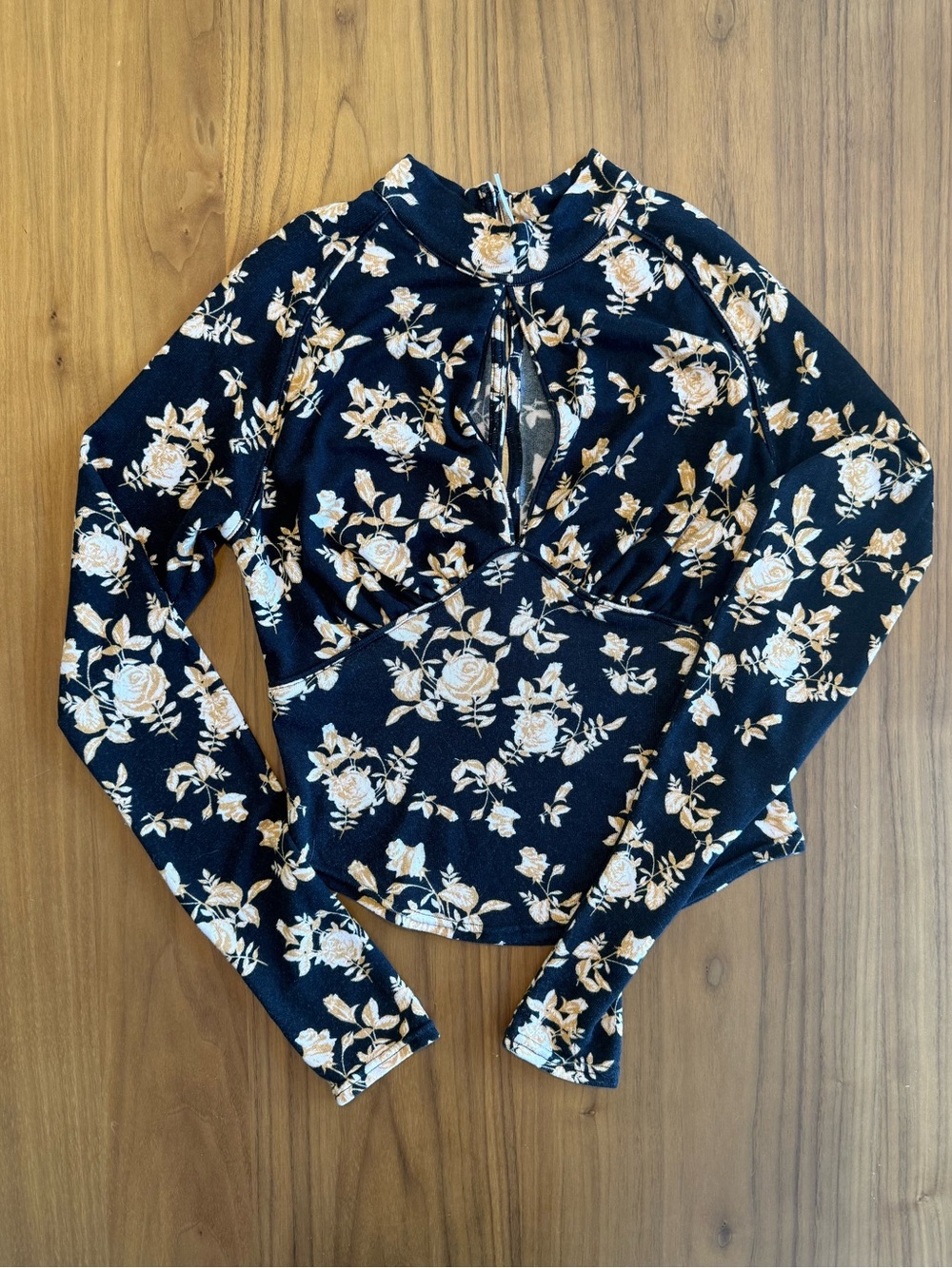 Free People Black Floral Keyhole Long-Sleeve Top